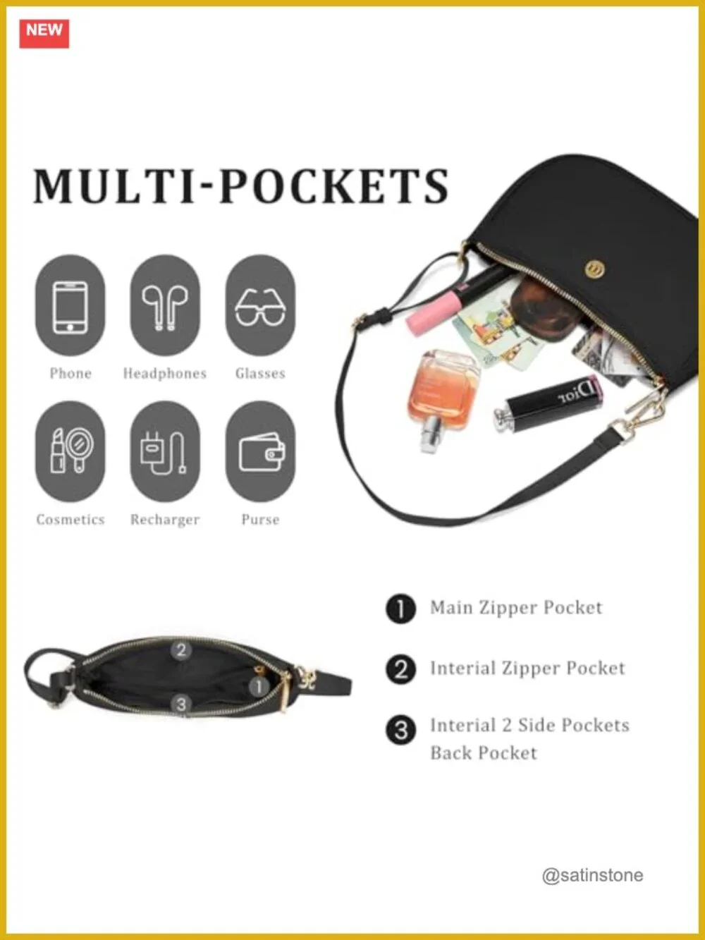Nylon Shoulder Bag for Women, Adjustable Strap, Mini Crescent Purse, 5 Pockets